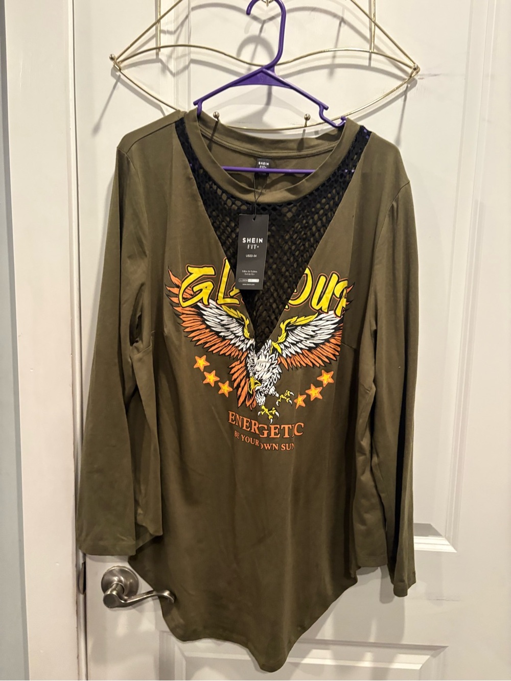 SHEIN Olive Eagle Graphic Long Sleeve Top with Black Lace V-Insert